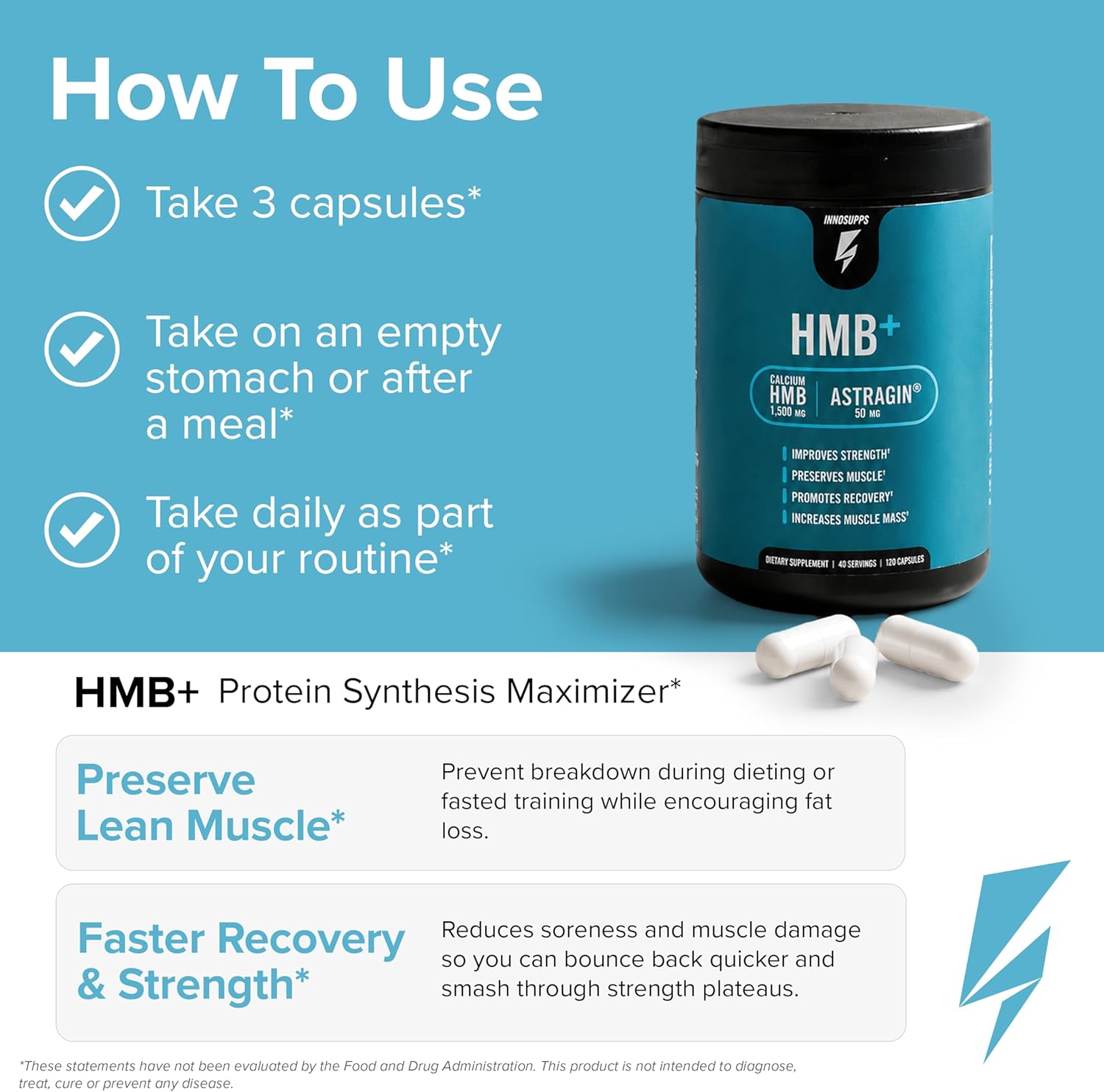 کپسول HMB InnoSupps مدل HMB+، 1500 میلی‌گرم HMB، 150 کپسول