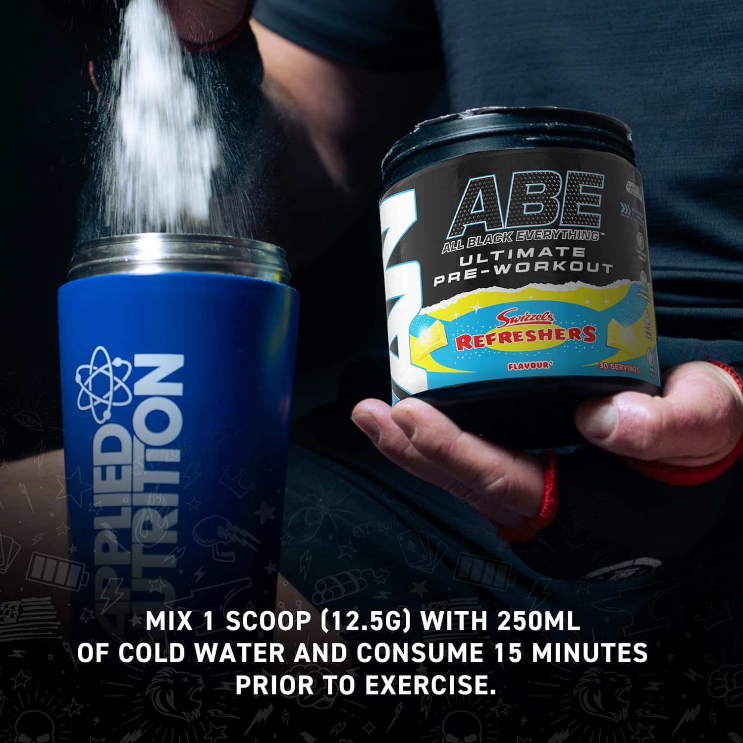 پودر پری‌ورک‌اوت Applied Nutrition مدل ABE، 315 گرم، همراه شیکر 700 میلی‌لیتری، طعم کولا