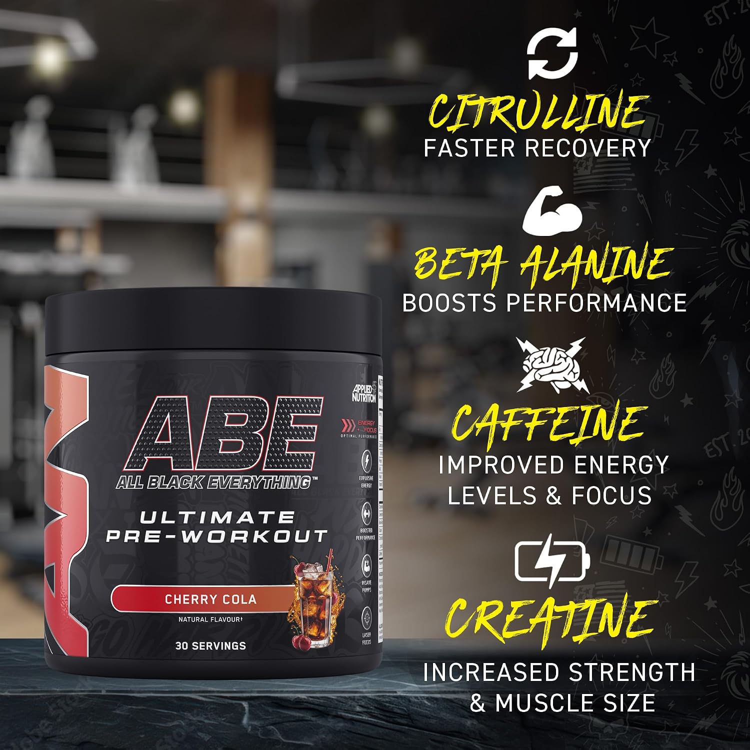 پودر پری‌ورک‌اوت Applied Nutrition مدل ABE، 315 گرم، همراه شیکر 700 میلی‌لیتری، طعم کولا