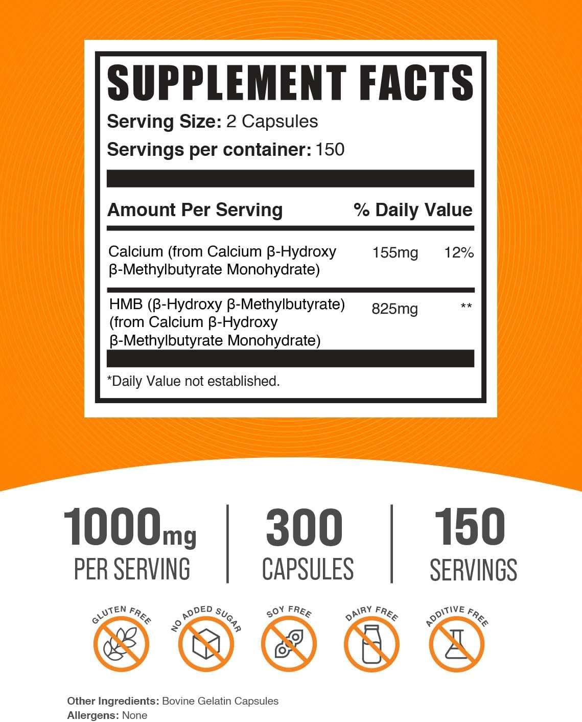 کپسول HMB BulkSupplements، 1000 میلی‌گرم HMB، 2 کپسول، 300 کپسول، 1 بسته