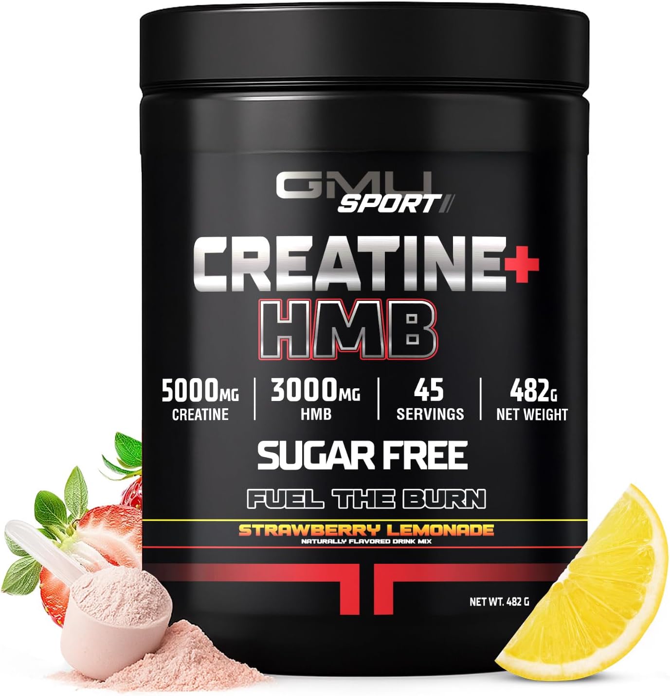 پودر کراتین و HMB GMU SPORT مدل Creatine HMB، 3 گرم HMB، 45 وعده، طعم توت‌فرنگی