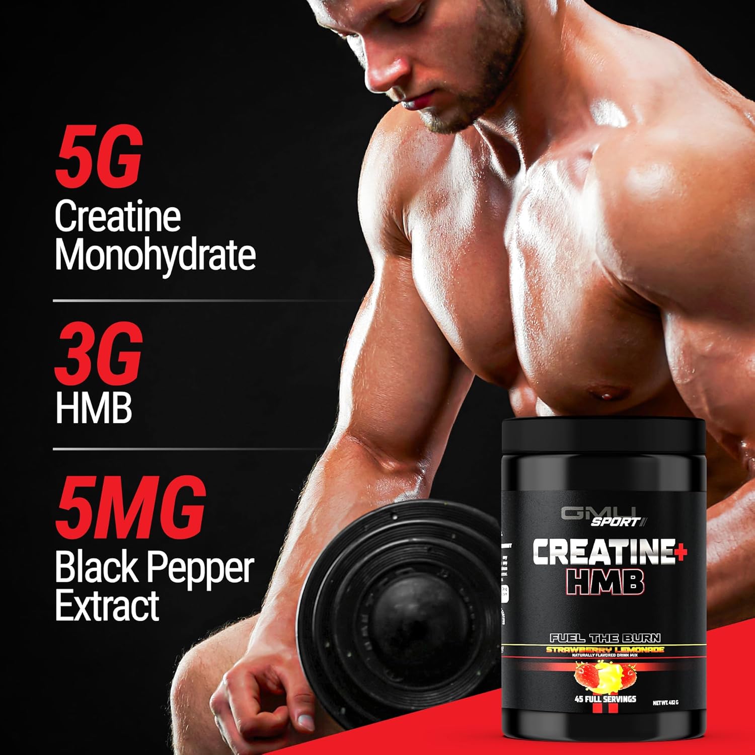 پودر کراتین و HMB GMU SPORT مدل Creatine HMB، 3 گرم HMB، 45 وعده، طعم توت‌فرنگی