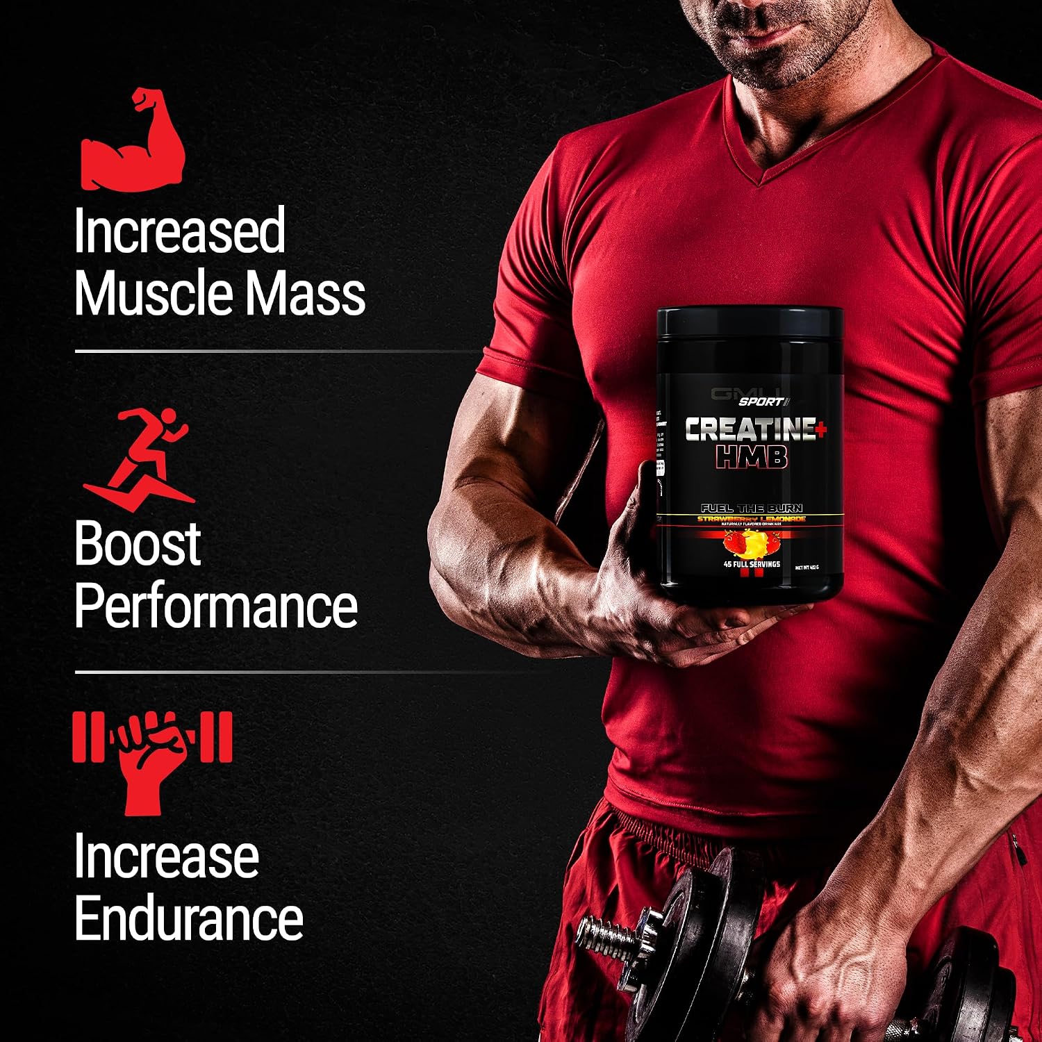 پودر کراتین و HMB GMU SPORT مدل Creatine HMB، 3 گرم HMB، 45 وعده، طعم توت‌فرنگی