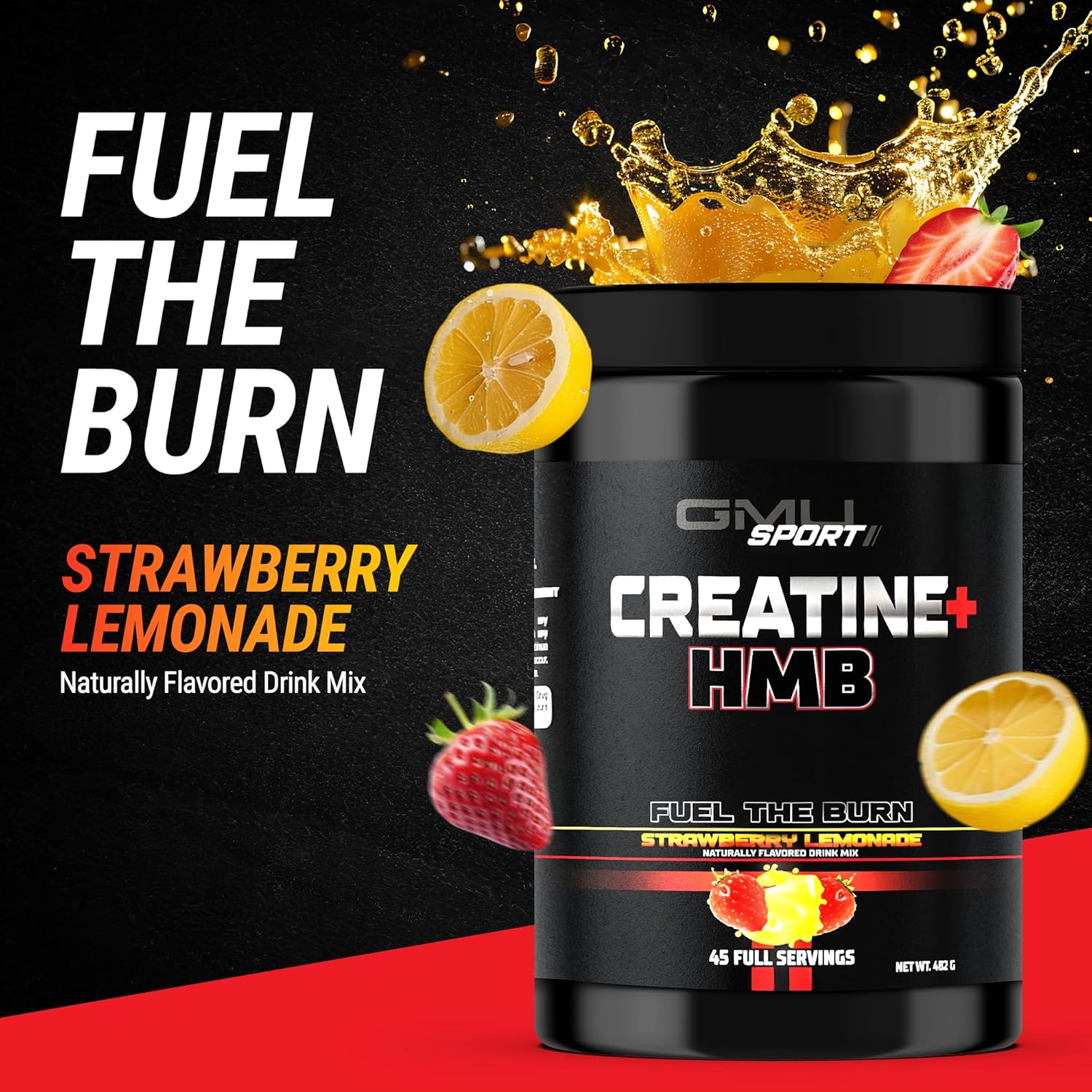پودر کراتین و HMB GMU SPORT مدل Creatine HMB، 3 گرم HMB، 45 وعده، طعم توت‌فرنگی