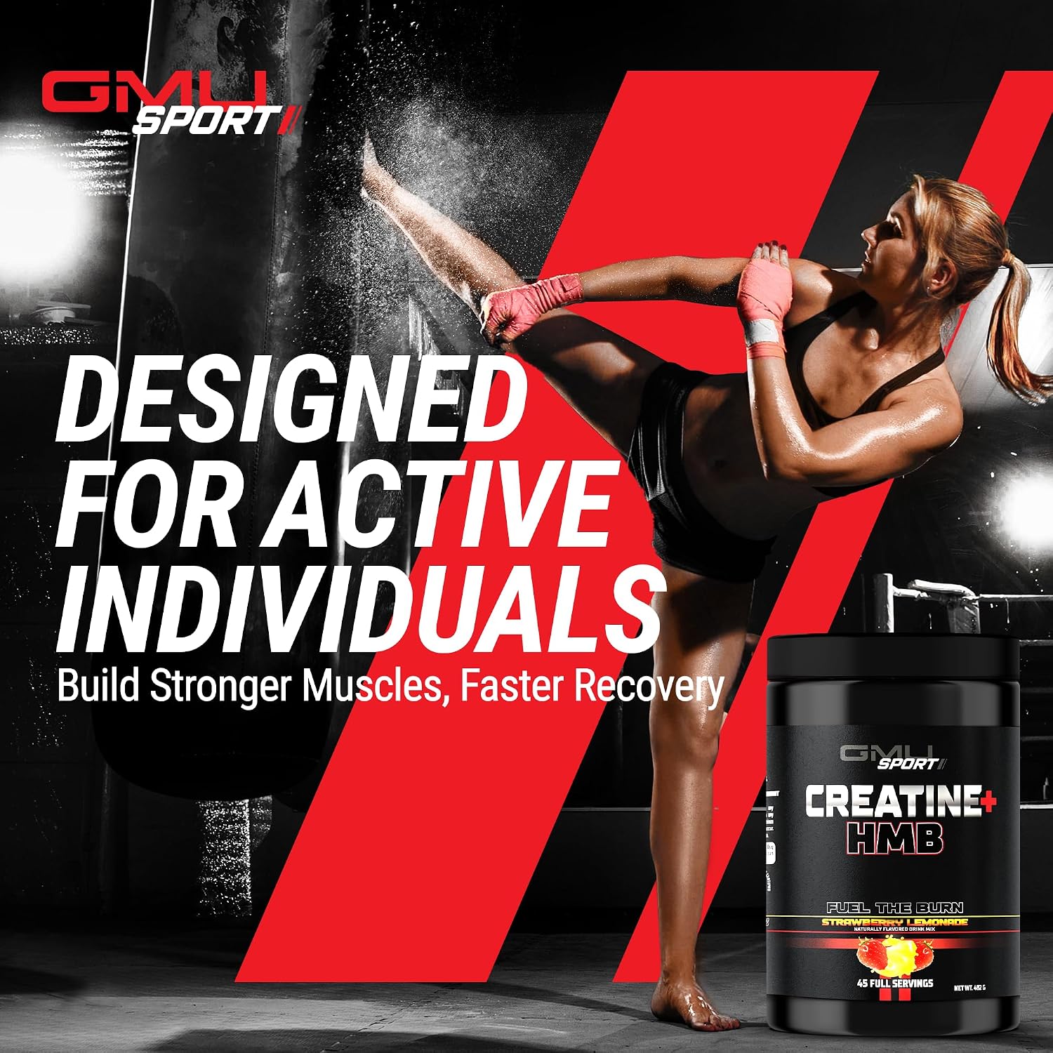 پودر کراتین و HMB GMU SPORT مدل Creatine HMB، 3 گرم HMB، 45 وعده، طعم توت‌فرنگی