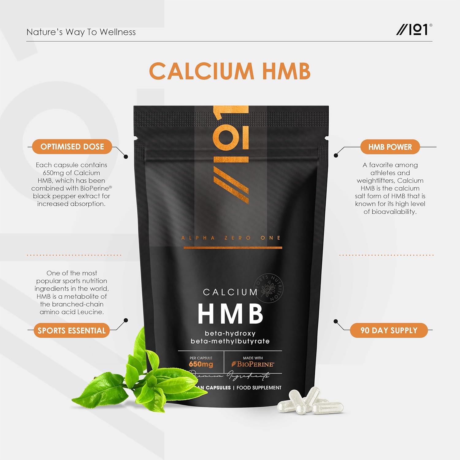 کپسول HMB ALPHA01 مدل 650mg with BioPerine®، 650 میلی‌گرم HMB، 90 کپسول