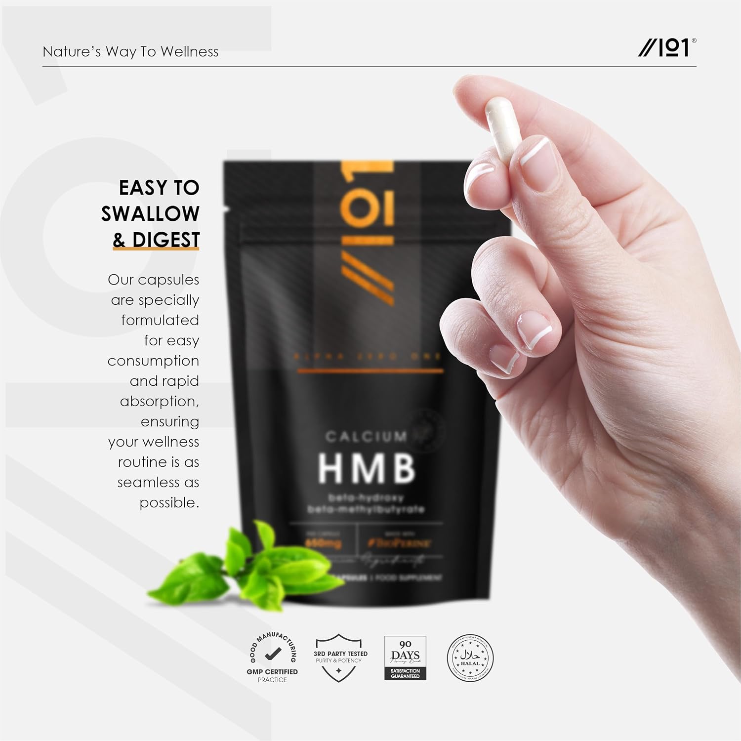 کپسول HMB ALPHA01 مدل 650mg with BioPerine®، 650 میلی‌گرم HMB، 90 کپسول