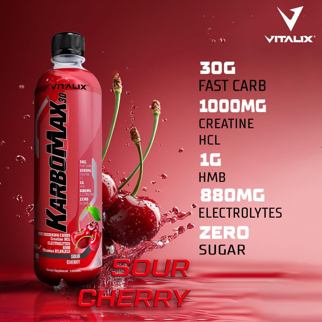 نوشیدنی کربوهیدرات و HMB Vitalix مدل KarboMax 30، 500 میلی‌لیتر، 12 بسته، طعم آلبالوی ترش