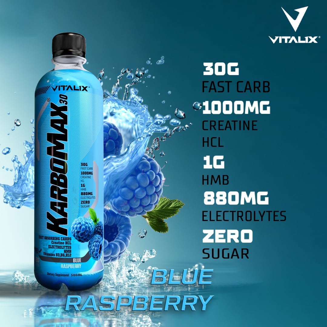نوشیدنی کربوهیدرات و HMB Vitalix مدل KarboMax 30، 500 میلی‌لیتر، 12 بسته، طعم تمشک آبی