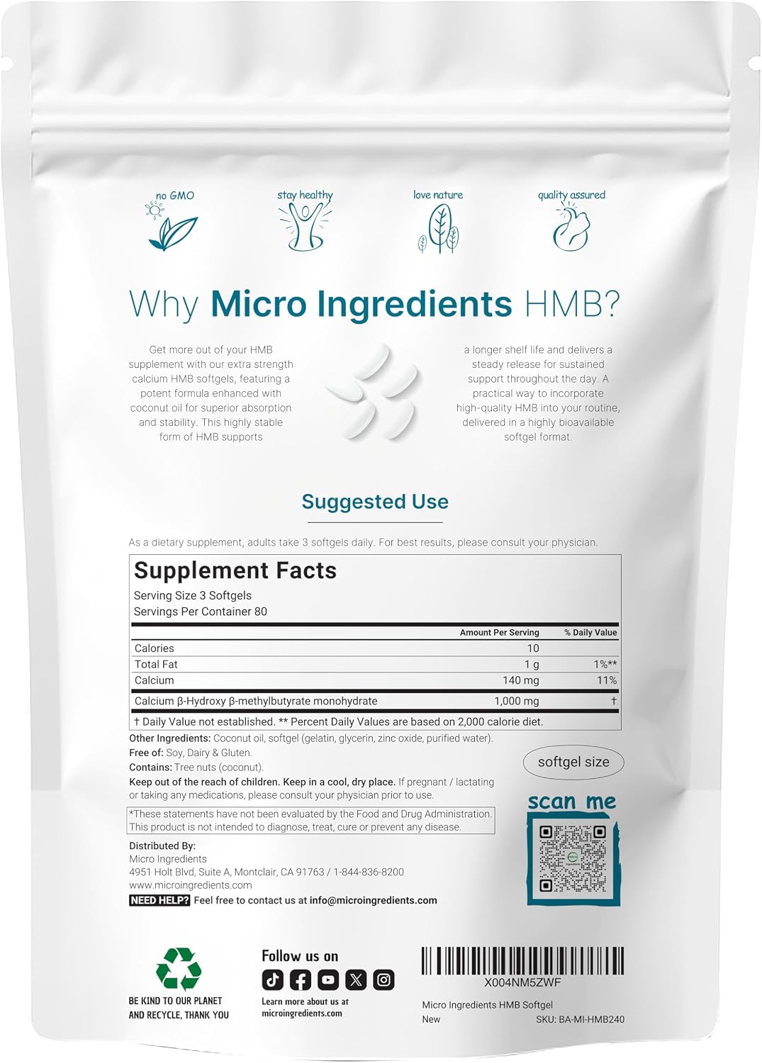 سافت‌ژل HMB Micro Ingredients، 1000 میلی‌گرم HMB، 240 سافت‌ژل