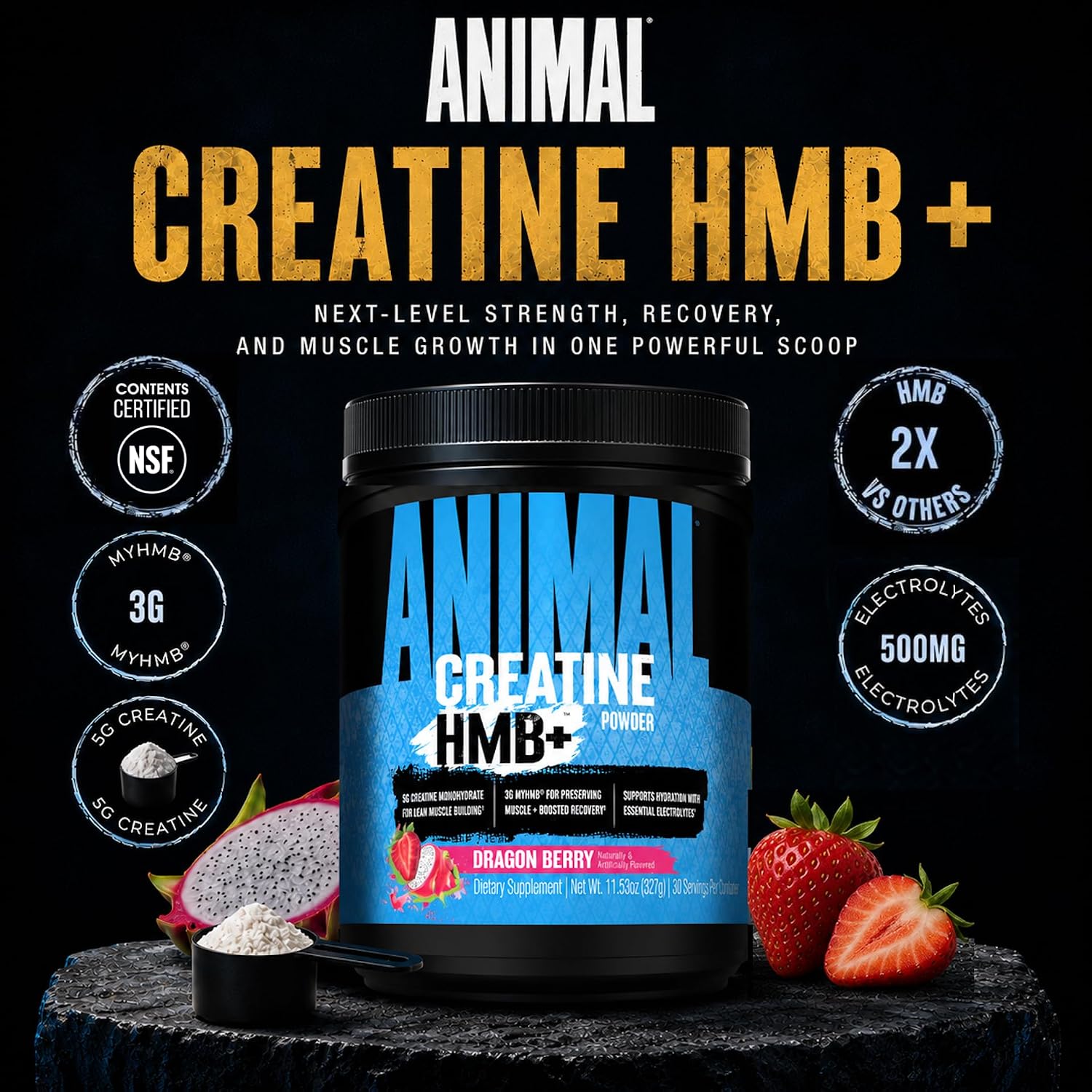 پودر کراتین و HMB Animal مدل Creatine HMB+، 327 گرم، طعم دراگون بری
