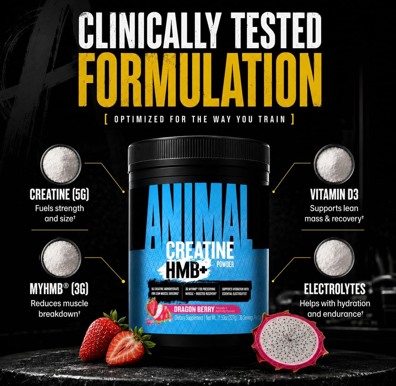 پودر کراتین و HMB Animal مدل Creatine HMB+، 327 گرم، طعم دراگون بری