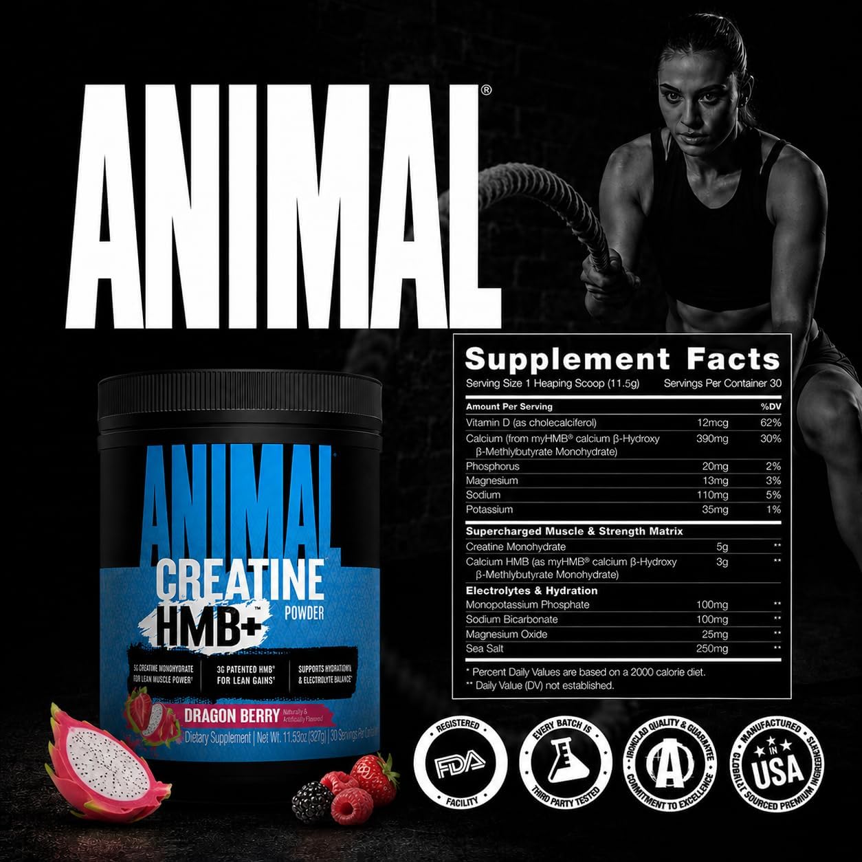 پودر کراتین و HMB Animal مدل Creatine HMB+، 327 گرم، طعم دراگون بری
