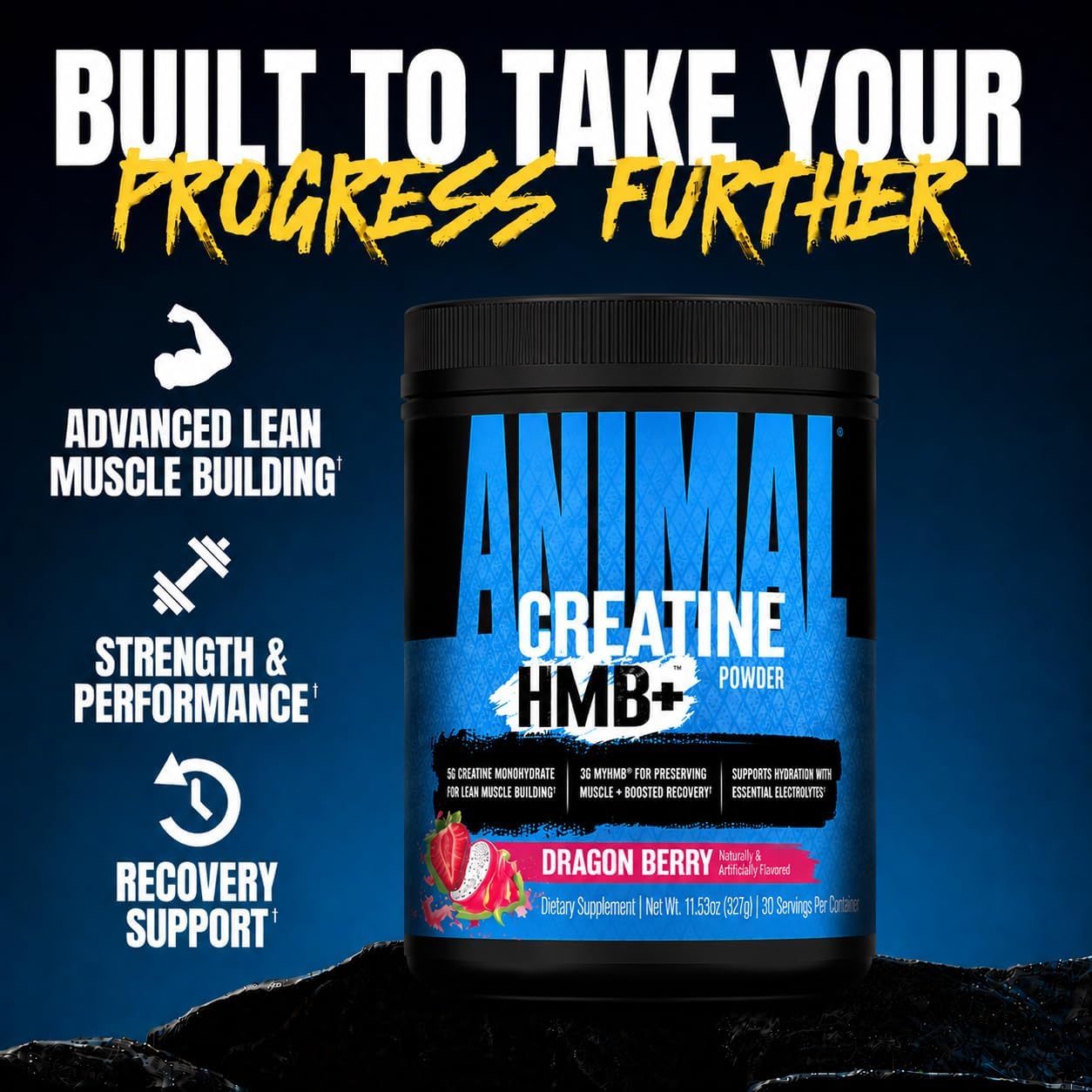پودر کراتین و HMB Animal مدل Creatine HMB+، 327 گرم، طعم دراگون بری