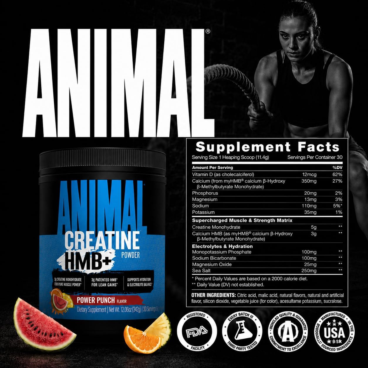 پودر کراتین و HMB Animal مدل Creatine HMB+، 342 گرم، طعم پاور پانچ