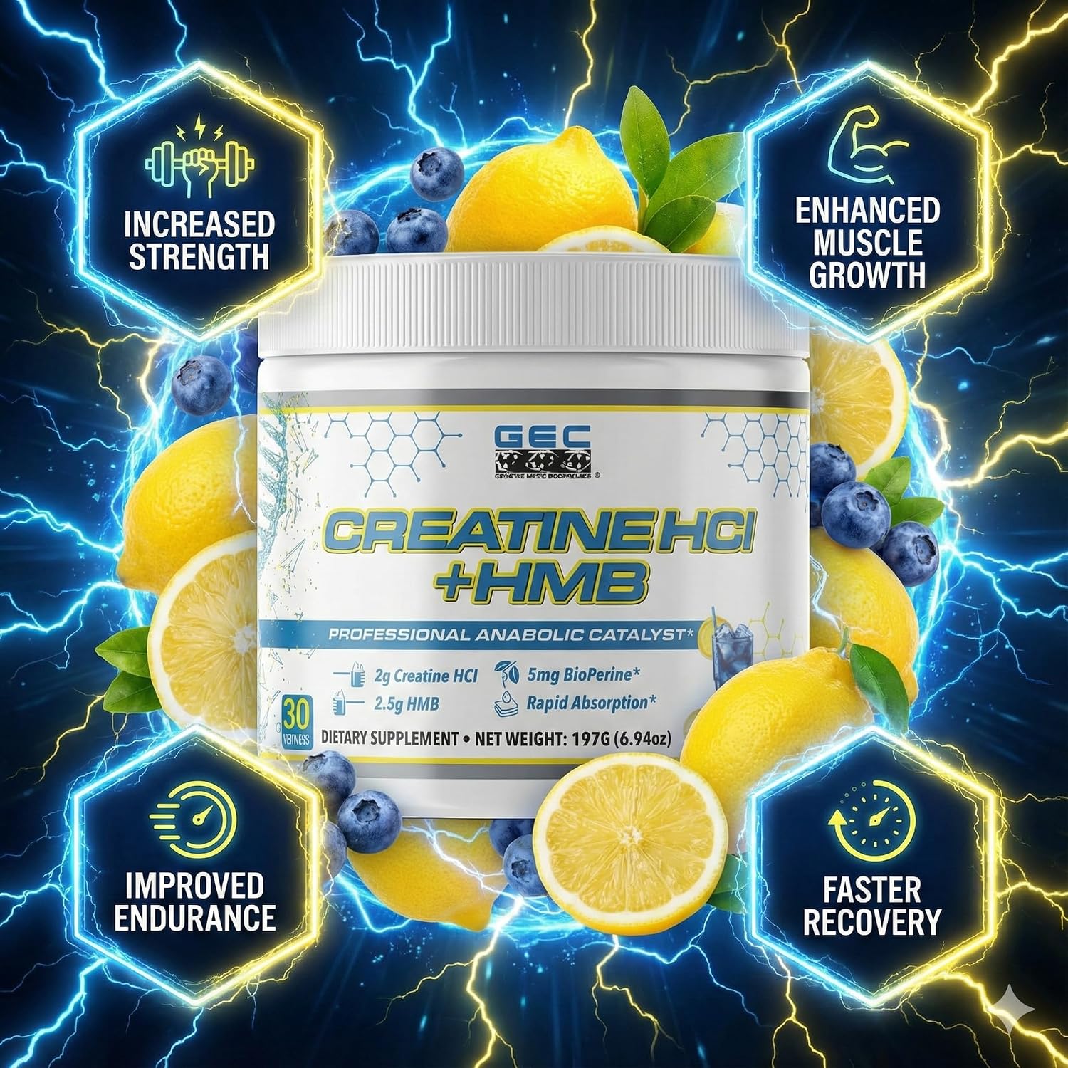 پودر کراتین و HMB GENETIC EDGE COMPOUNDS، 2 گرم کراتین HCL، 2.5 گرم HMB، 30 وعده، طعم لیمو