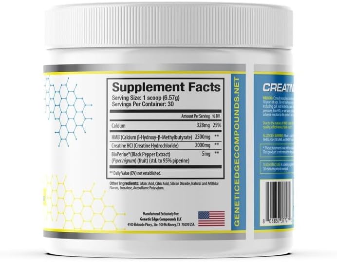 پودر کراتین و HMB GENETIC EDGE COMPOUNDS، 2 گرم کراتین HCL، 2.5 گرم HMB، 30 وعده، طعم لیمو