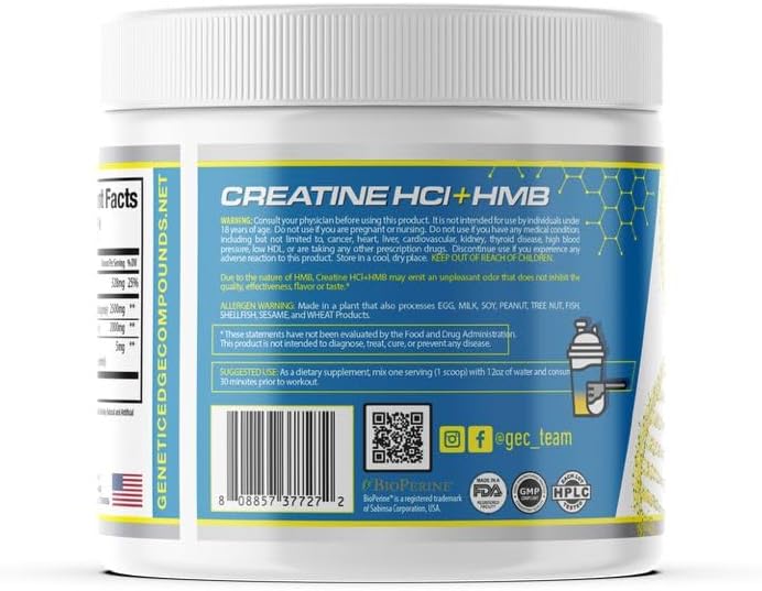 پودر کراتین و HMB GENETIC EDGE COMPOUNDS، 2 گرم کراتین HCL، 2.5 گرم HMB، 30 وعده، طعم لیمو