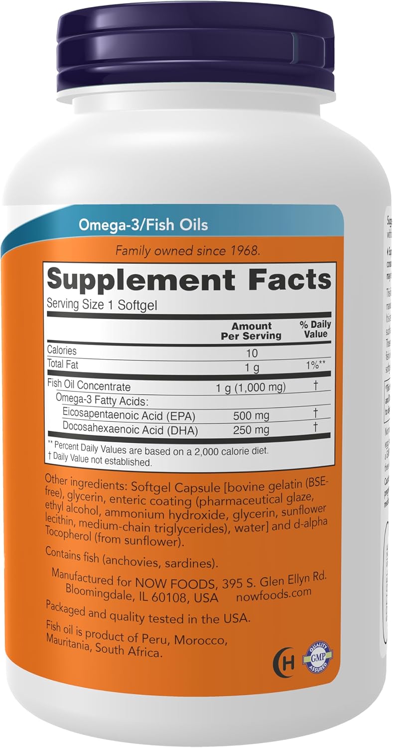 کپسول روغن ماهی امگا ۳، NOW Foods، مدل Ultra Omega-3، EPA 500 میلی‌گرم و DHA 250 میلی‌گرم، 180 سافت‌ژل