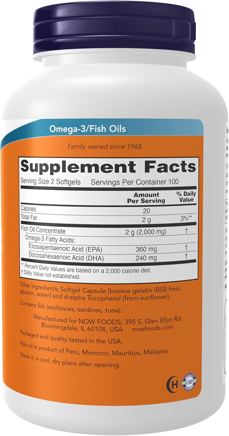 کپسول روغن ماهی امگا ۳، NOW Foods، 1000 میلی‌گرم، EPA 180 میلی‌گرم و DHA 120 میلی‌گرم، 200 سافت‌ژل