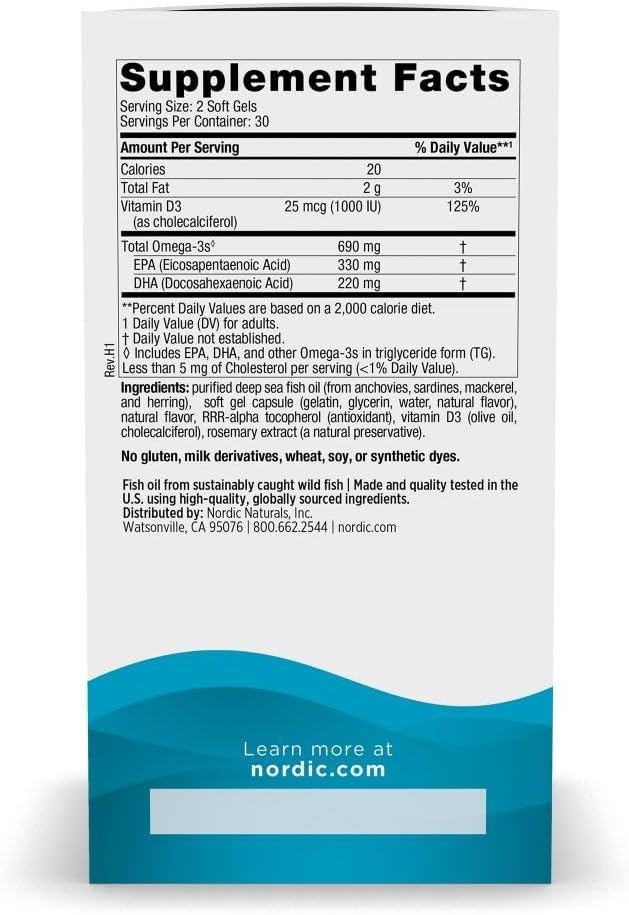 کپسول روغن ماهی امگا ۳، Nordic Naturals، مدل Omega-3D، 690 میلی‌گرم، 60 سافت‌ژل، طعم لیمو