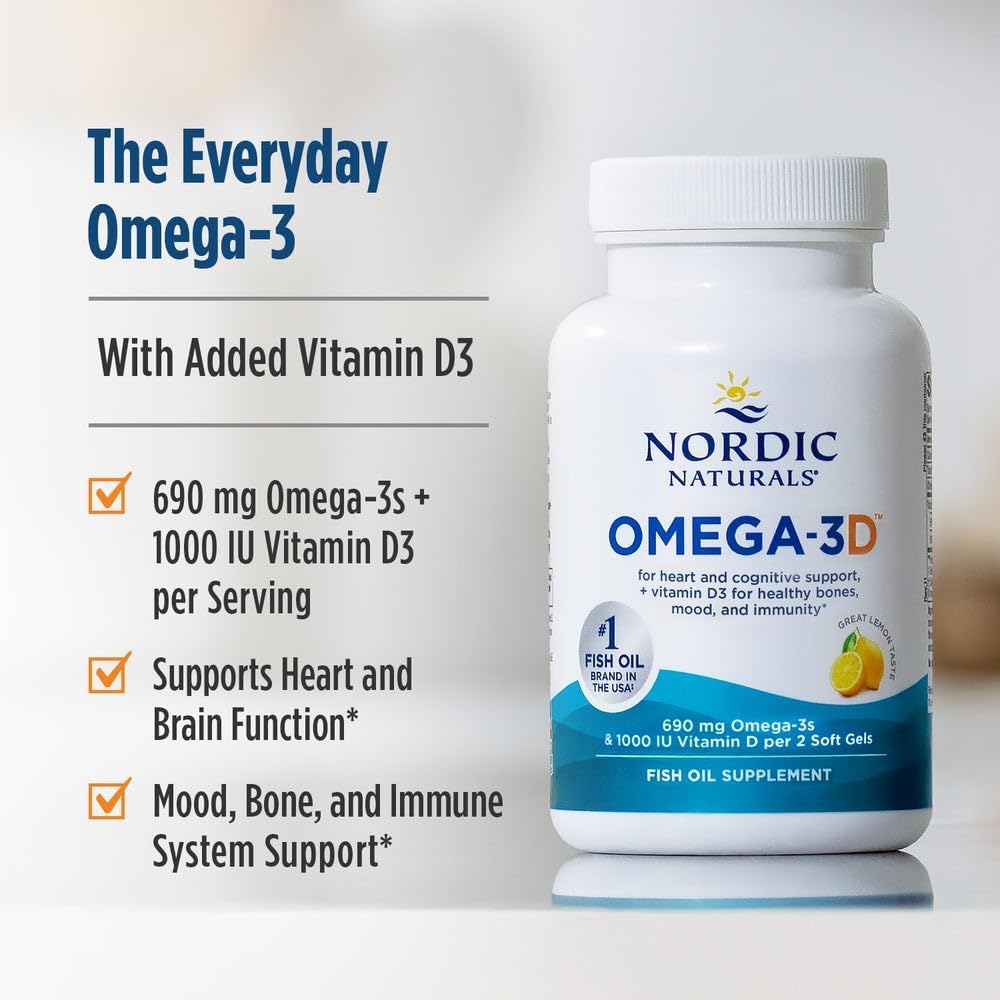 کپسول روغن ماهی امگا ۳، Nordic Naturals، مدل Omega-3D، 690 میلی‌گرم، 60 سافت‌ژل، طعم لیمو