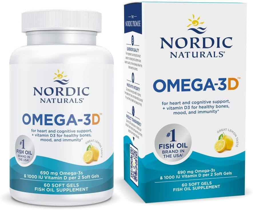 کپسول روغن ماهی امگا ۳، Nordic Naturals، مدل Omega-3D، 690 میلی‌گرم، 60 سافت‌ژل، طعم لیمو