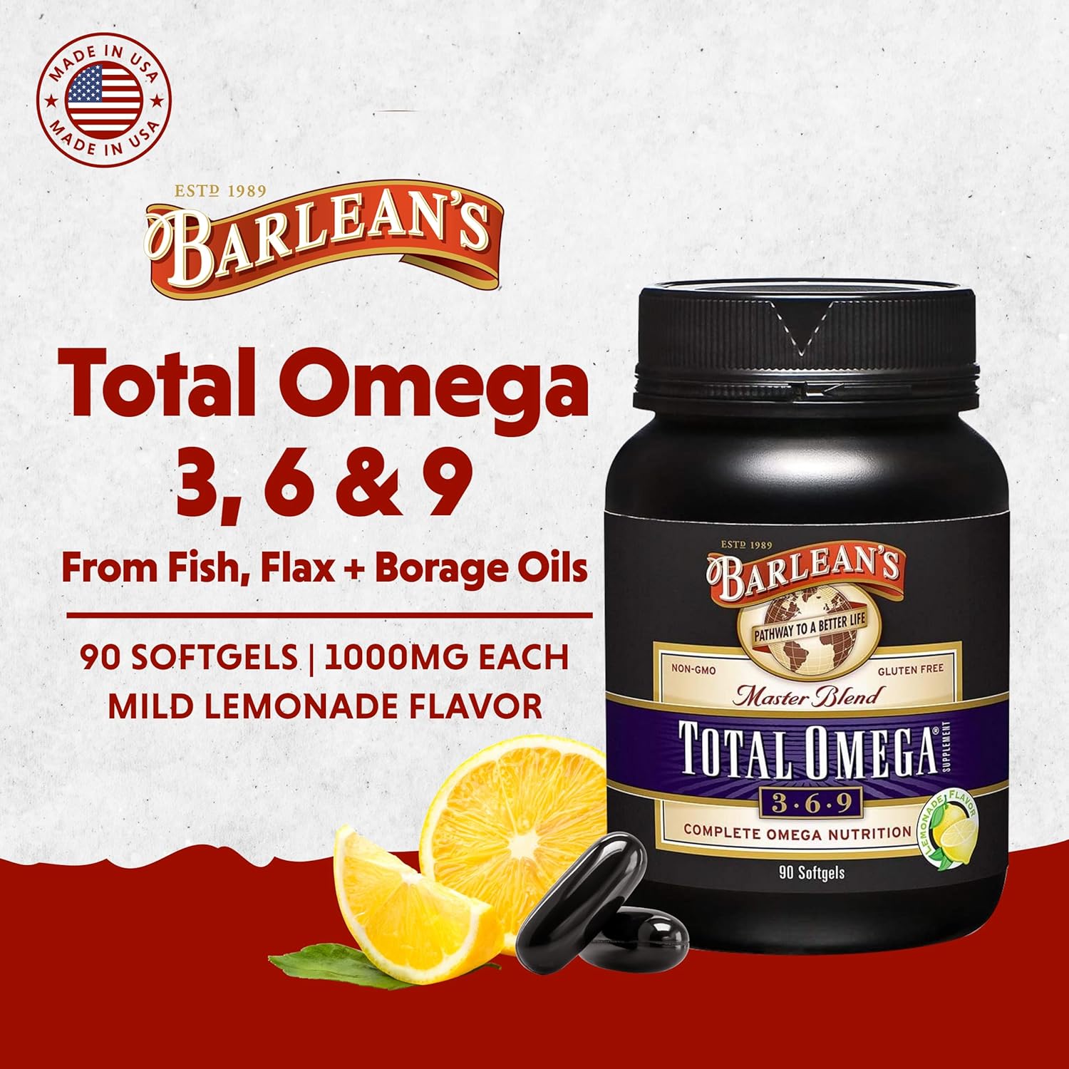 مکمل امگا ۳-۶-۹، Barlean's، مدل Total Omega، 90 سافت‌ژل، طعم لیمو