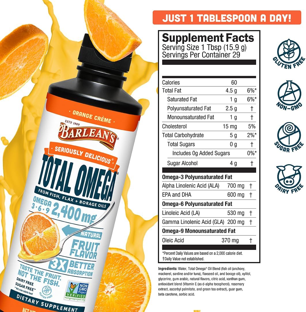 مکمل گیاهی امگا ۳-۶-۹، Barlean's، مدل Total Omega، 16 اونس، طعم کرم پرتقال