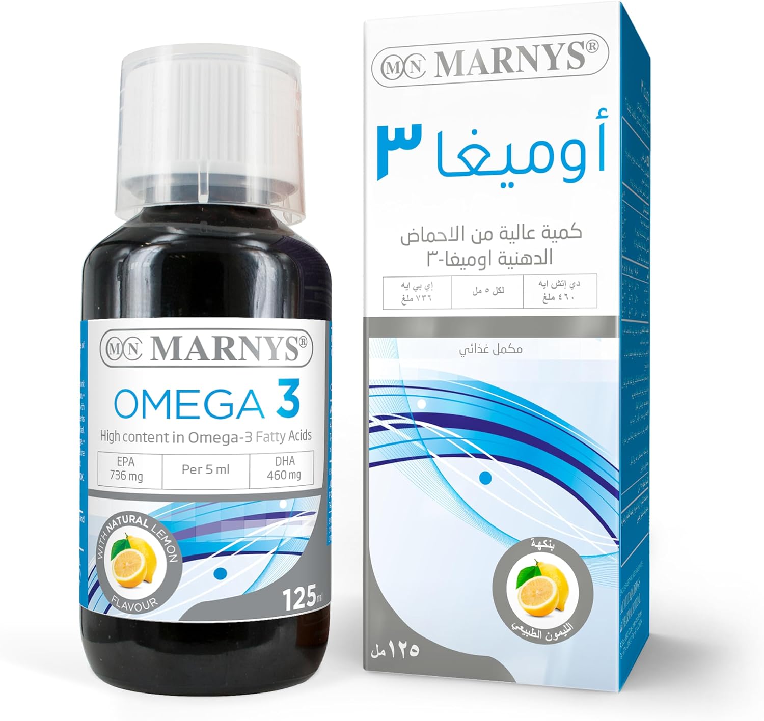 شربت امگا ۳ کودکان، Marnys، EPA 736 میلی‌گرم و DHA 460 میلی‌گرم، 5 میلی‌لیتر، طعم لیمو
