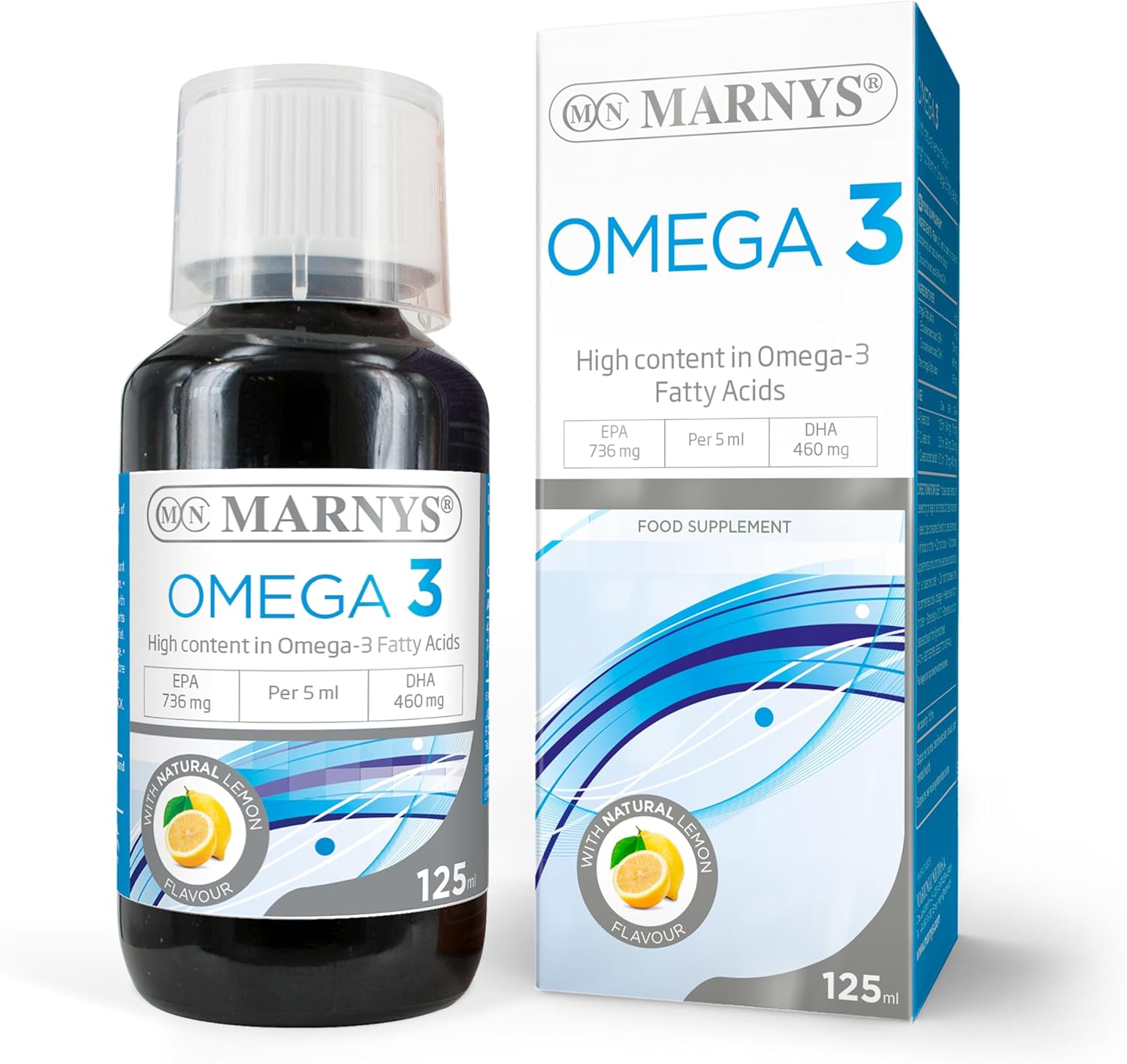شربت امگا ۳ کودکان، Marnys، EPA 736 میلی‌گرم و DHA 460 میلی‌گرم، 5 میلی‌لیتر، طعم لیمو