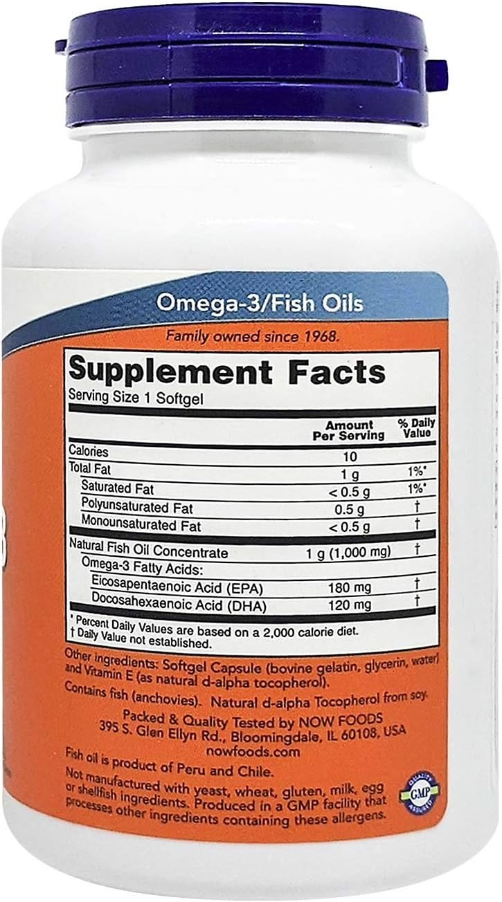 کپسول روغن ماهی امگا ۳، NOW Foods، 1000 میلی‌گرم، EPA 180 میلی‌گرم و DHA 120 میلی‌گرم، 100 سافت‌ژل