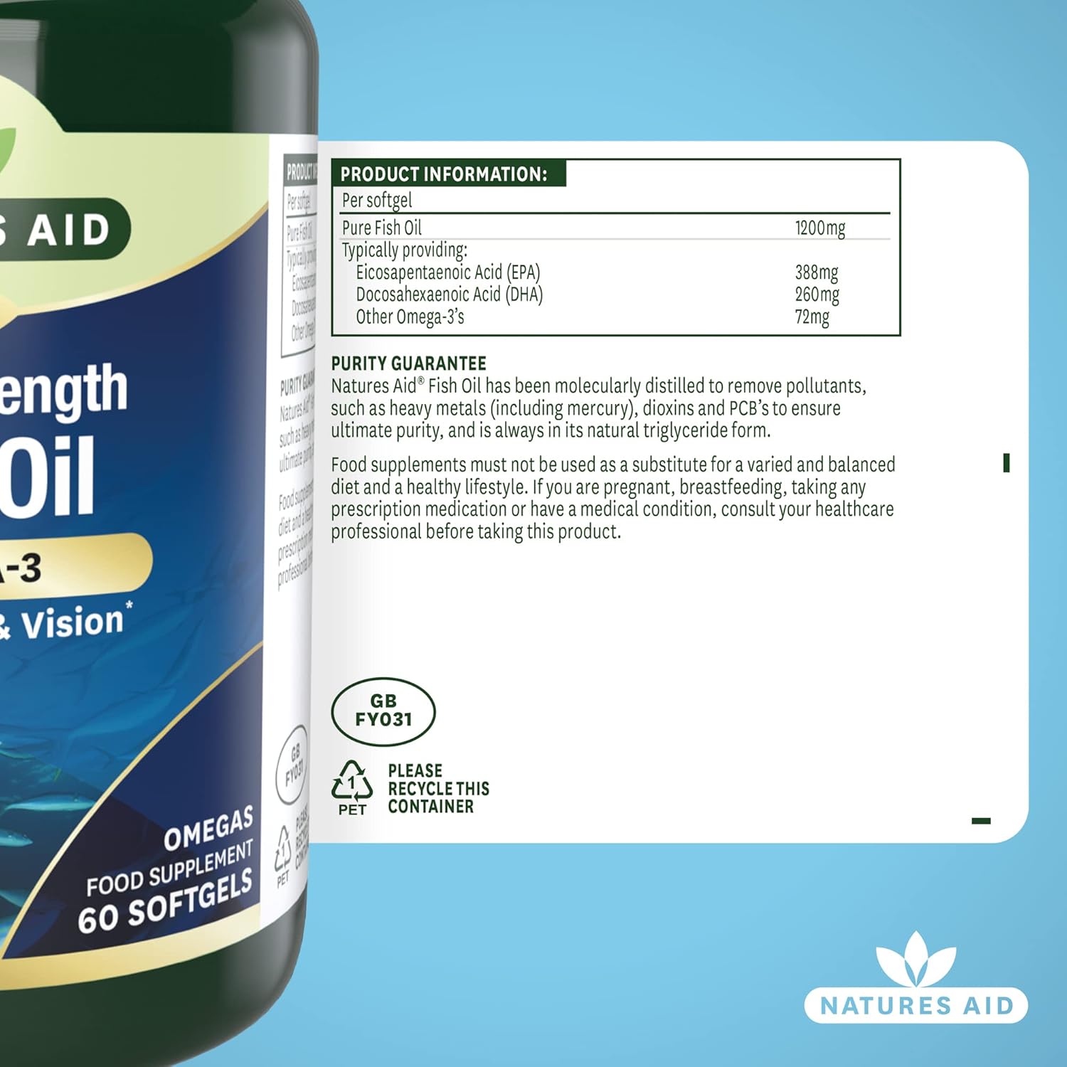 کپسول روغن ماهی امگا ۳، Natures Aid، 720 میلی‌گرم، 60 سافت‌ژل
