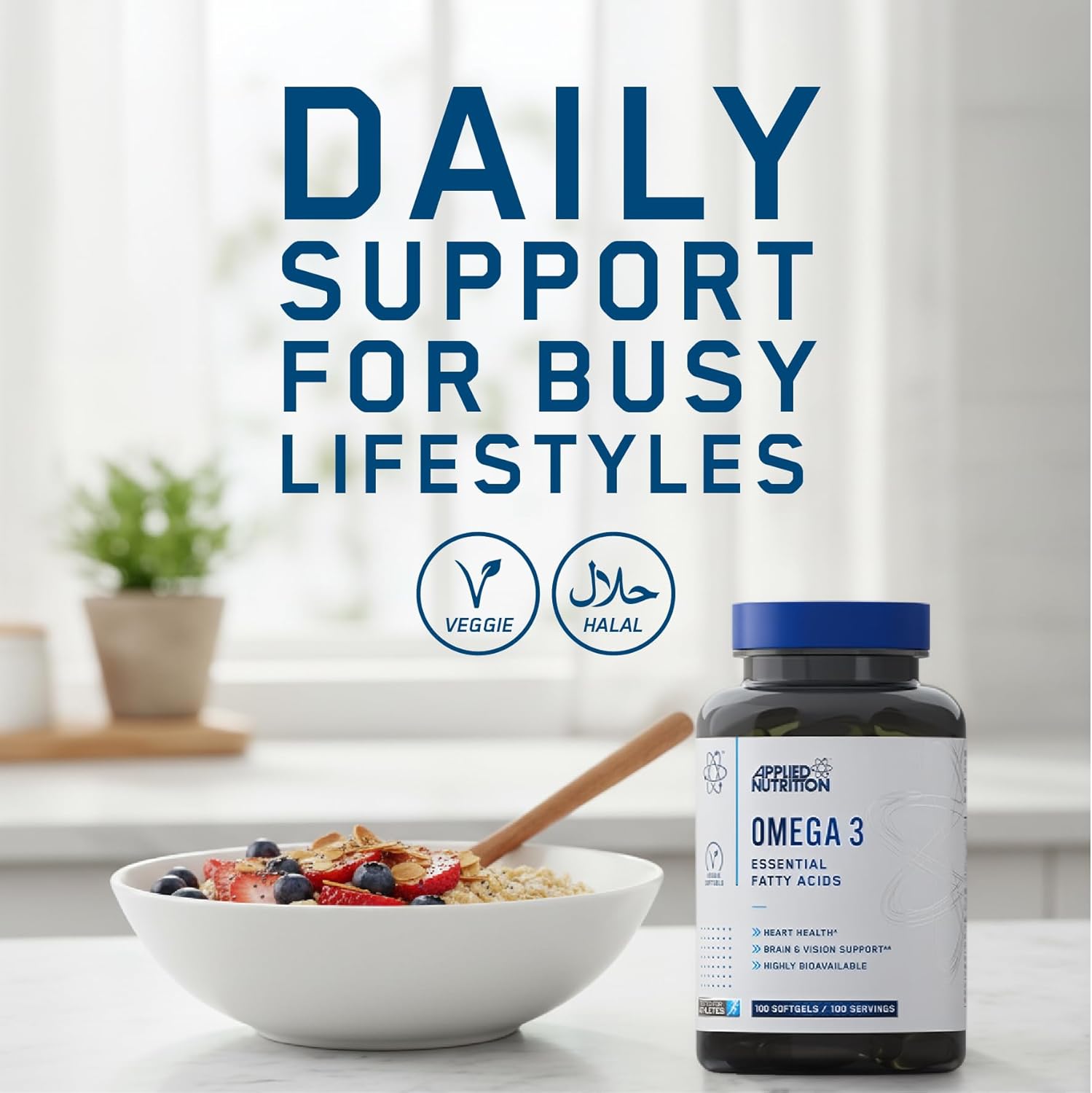 کپسول روغن ماهی امگا ۳، Applied Nutrition، 1000 میلی‌گرم، EPA 180 میلی‌گرم و DHA 120 میلی‌گرم