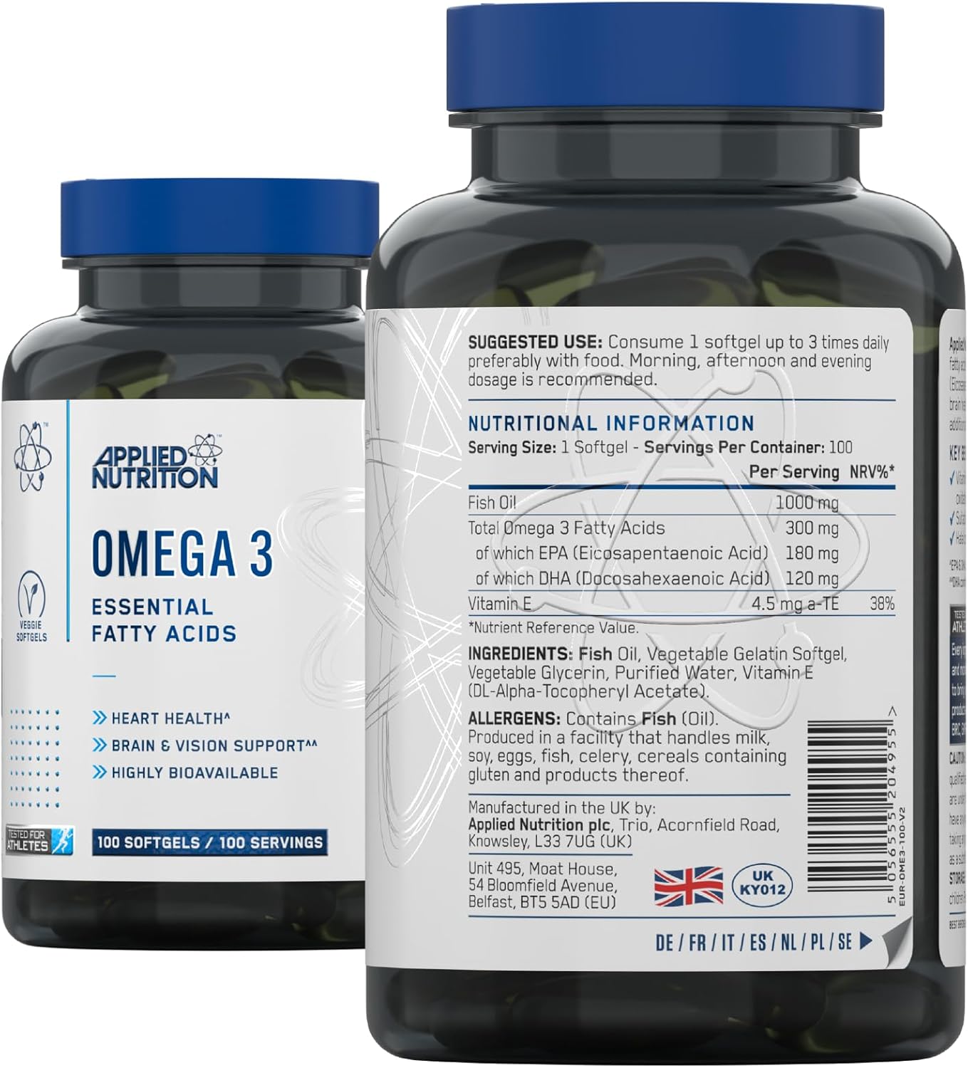 کپسول روغن ماهی امگا ۳، Applied Nutrition، 1000 میلی‌گرم، EPA 180 میلی‌گرم و DHA 120 میلی‌گرم