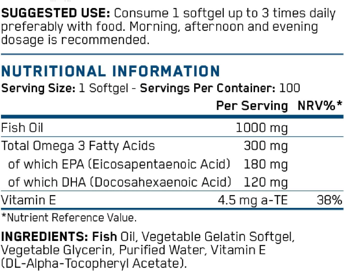 کپسول روغن ماهی امگا ۳، Applied Nutrition، 1000 میلی‌گرم، EPA 180 میلی‌گرم و DHA 120 میلی‌گرم