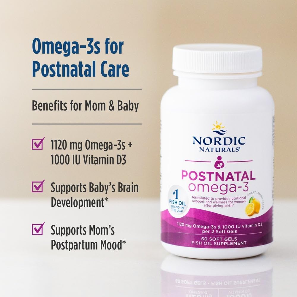 مکمل امگا ۳ پس از زایمان، Nordic Naturals، مدل Postnatal Omega-3، 60 سافت‌ژل، طعم لیمو