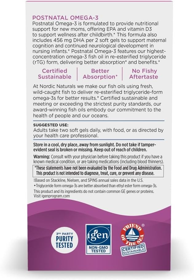 مکمل امگا ۳ پس از زایمان، Nordic Naturals، مدل Postnatal Omega-3، 60 سافت‌ژل، طعم لیمو