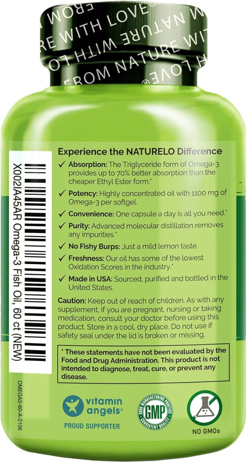 کپسول روغن ماهی امگا ۳، NATURELO، 60 سافت‌ژل، طعم لیمو