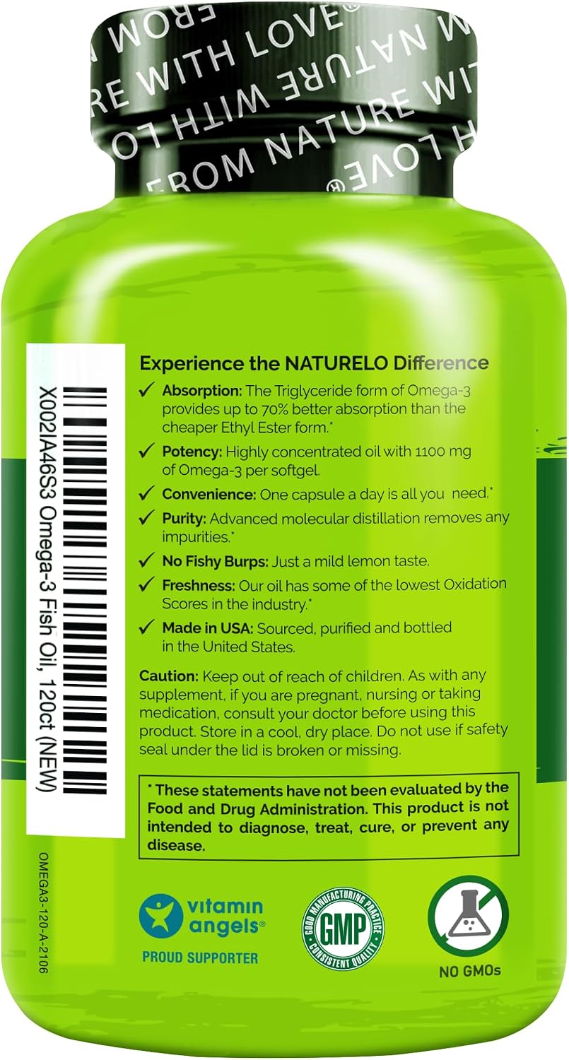 کپسول روغن ماهی امگا ۳، NATURELO، 120 سافت‌ژل، طعم لیمو