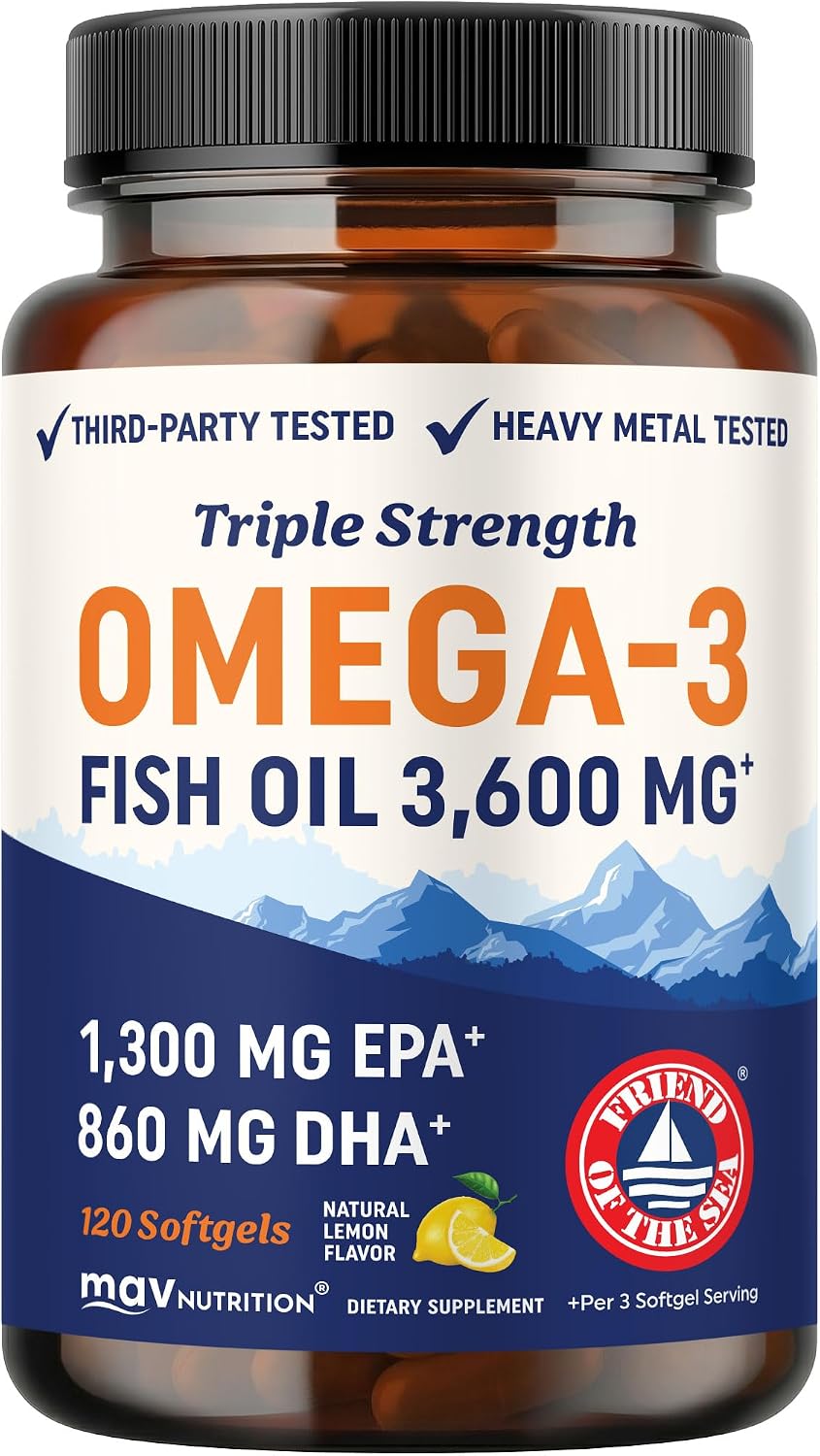 کپسول روغن ماهی امگا ۳، MAV NUTRITION، EPA 1296 میلی‌گرم و DHA 864 میلی‌گرم، 120 کپسول، طعم لیمو طبیعی