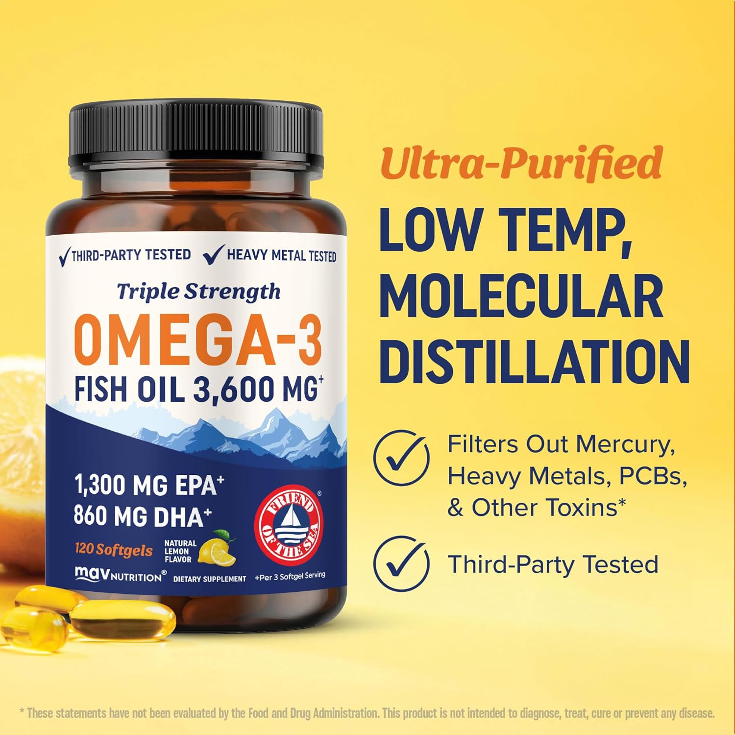 کپسول روغن ماهی امگا ۳، MAV NUTRITION، EPA 1296 میلی‌گرم و DHA 864 میلی‌گرم، 120 کپسول، طعم لیمو طبیعی