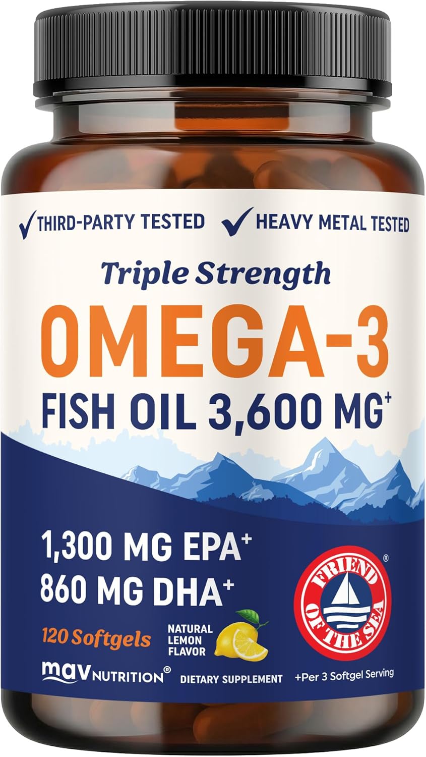 کپسول روغن ماهی امگا ۳، MAV NUTRITION، EPA 1296 میلی‌گرم و DHA 864 میلی‌گرم، 120 کپسول، طعم لیمو طبیعی