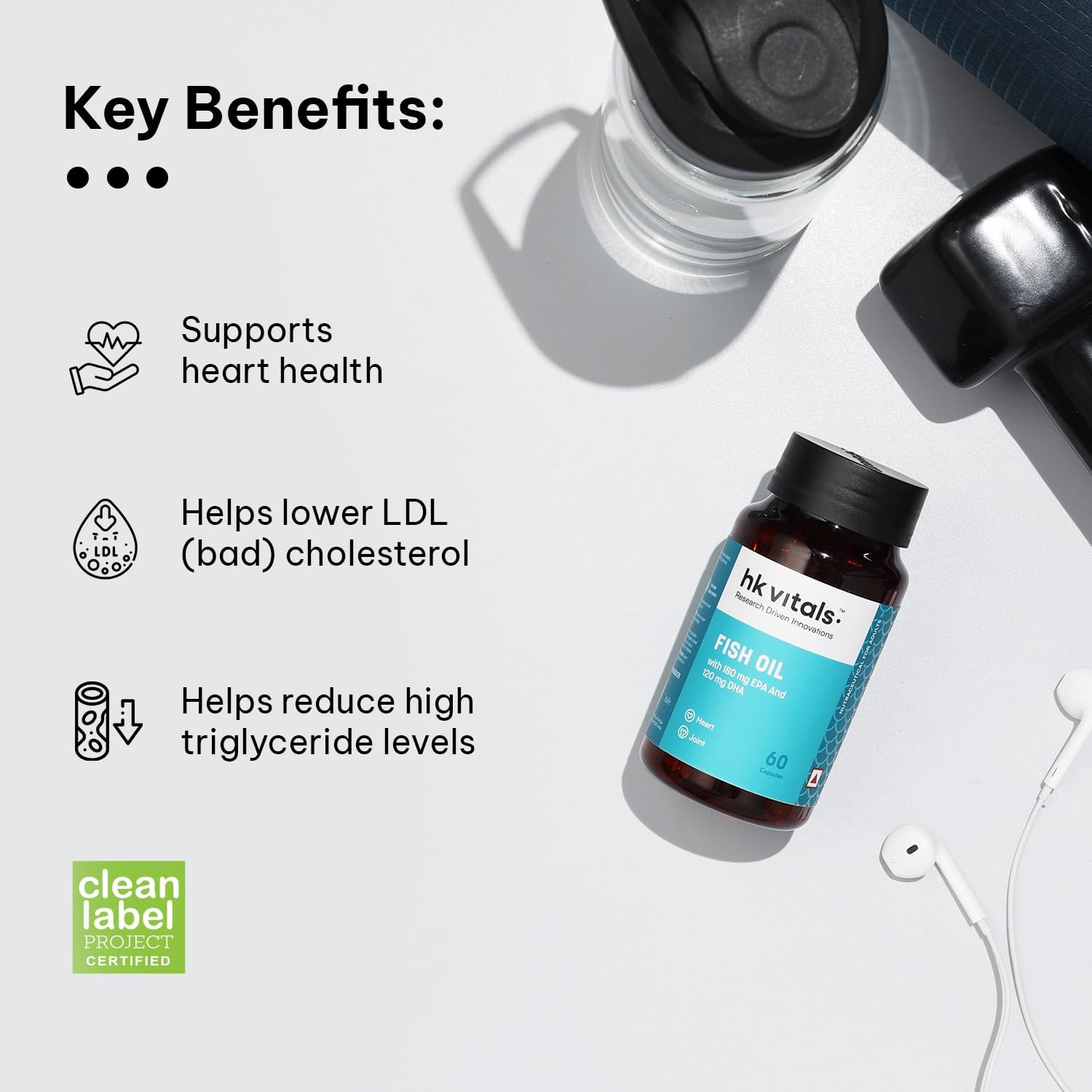 کپسول روغن ماهی امگا ۳، HK Vitals، 1000 میلی‌گرم، EPA 180 میلی‌گرم و DHA 120 میلی‌گرم