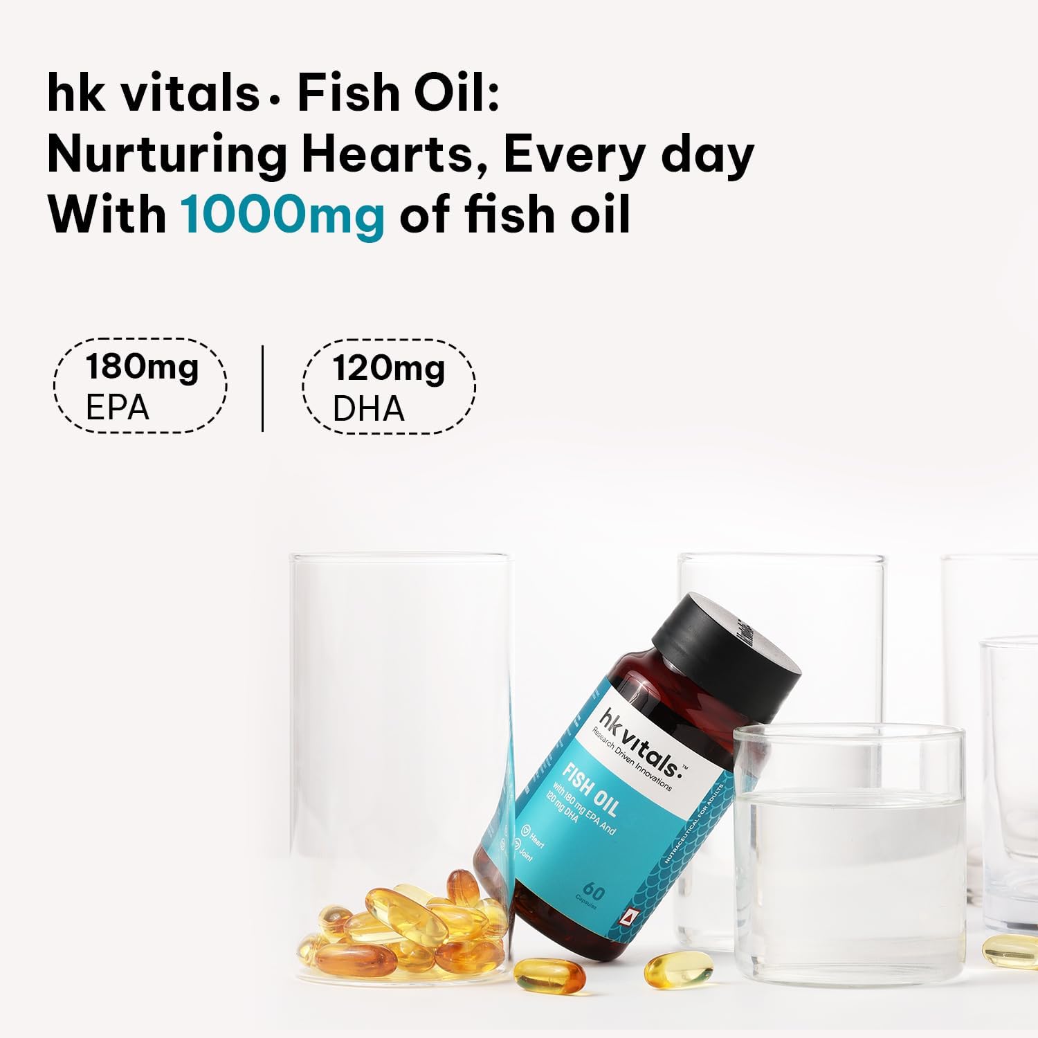 کپسول روغن ماهی امگا ۳، HK Vitals، 1000 میلی‌گرم، EPA 180 میلی‌گرم و DHA 120 میلی‌گرم