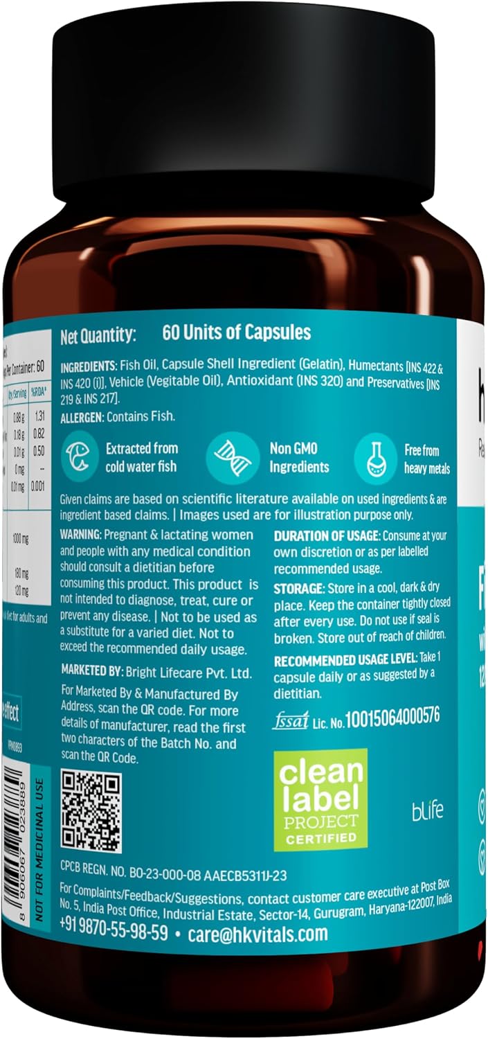 کپسول روغن ماهی امگا ۳، HK Vitals، 1000 میلی‌گرم، EPA 180 میلی‌گرم و DHA 120 میلی‌گرم