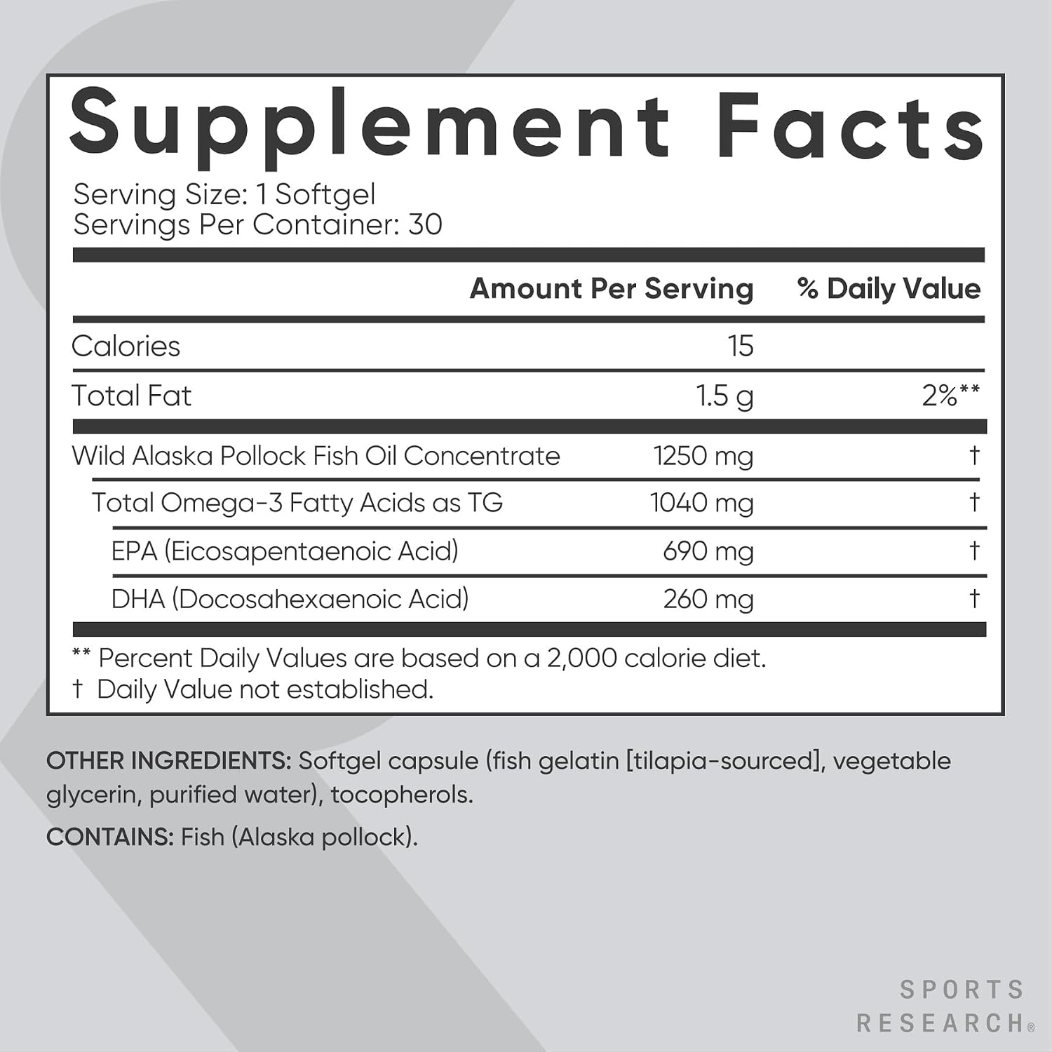 کپسول روغن ماهی امگا ۳، Sports Research، 1250 میلی‌گرم، 30 سافت‌ژل