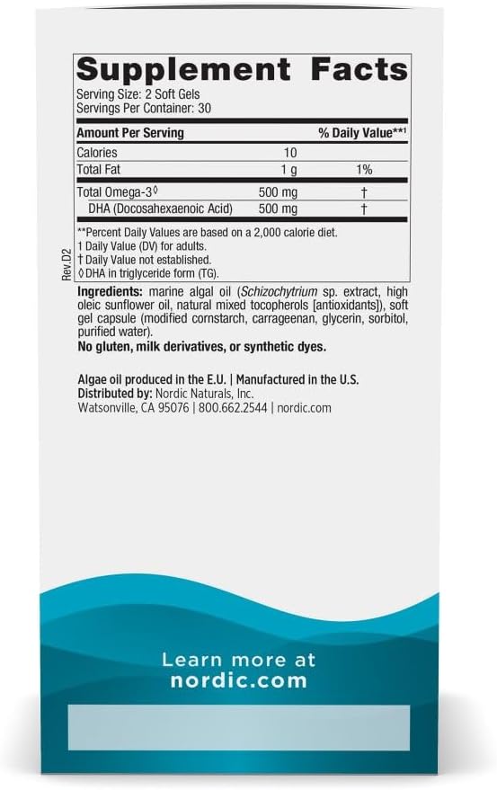 مکمل وگان امگا ۳ روغن جلبک، Nordic Naturals، مدل Algae DHA، 500 میلی‌گرم، 60 سافت‌ژل