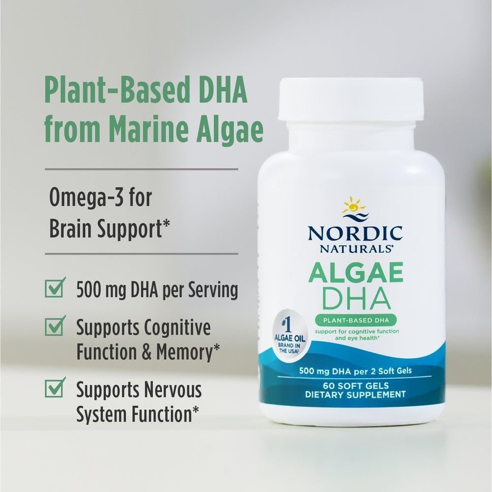 مکمل وگان امگا ۳ روغن جلبک، Nordic Naturals، مدل Algae DHA، 500 میلی‌گرم، 60 سافت‌ژل