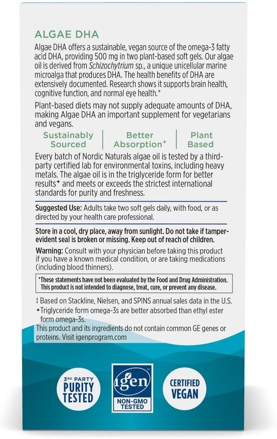 مکمل وگان امگا ۳ روغن جلبک، Nordic Naturals، مدل Algae DHA، 500 میلی‌گرم، 60 سافت‌ژل